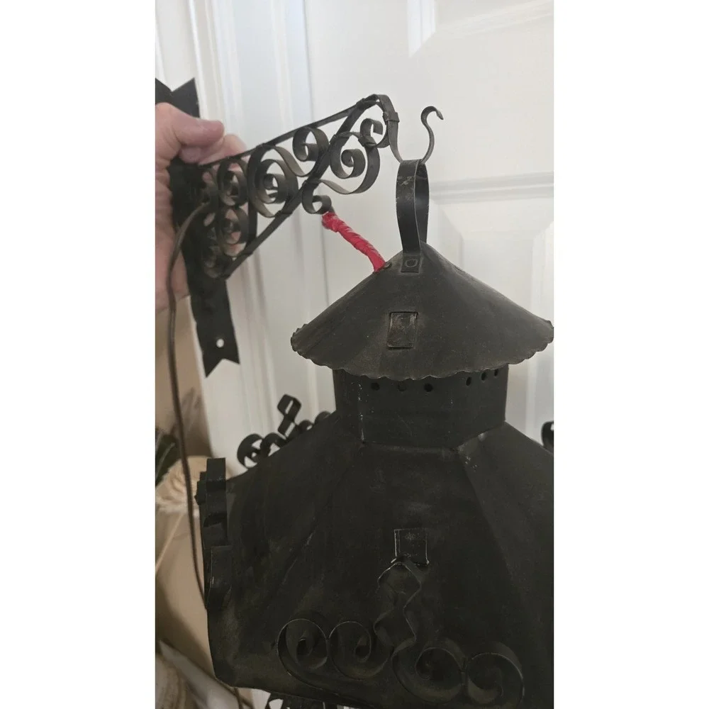 Antique Lantern  Iron Pendant Chandelier Scrolled Glass Gothic Spanish Revival